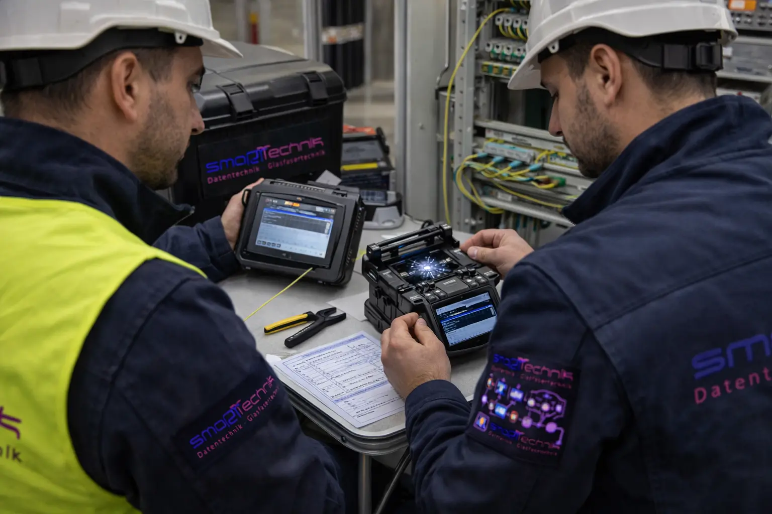 Techniker von smaRTtechnik fuehrt Glasfaser von einer Kabeltrommel in einer Industriehalle