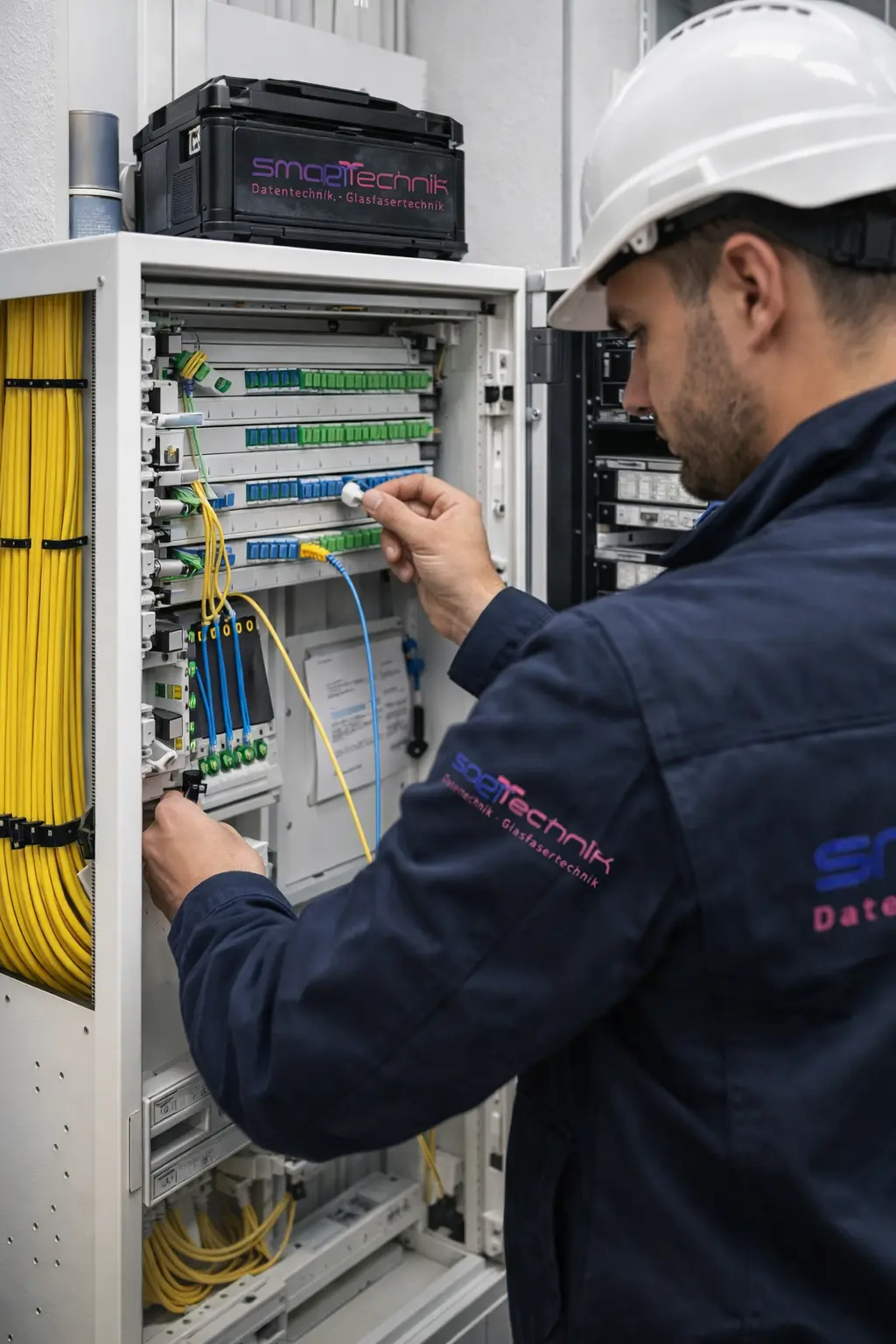 OTDR-Messgerät ist während einer Glasfaserprüfung mit einem Rack verbunden